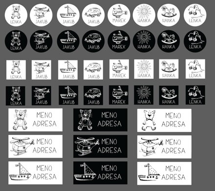 SADA Nažehlovacích jmenovek s vl. jménem (Dopravní prostředky B&W 43ks)