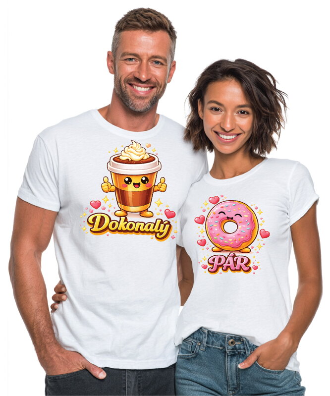 Partnerská trička - Dokonalý PÁR káva a donut 2ks