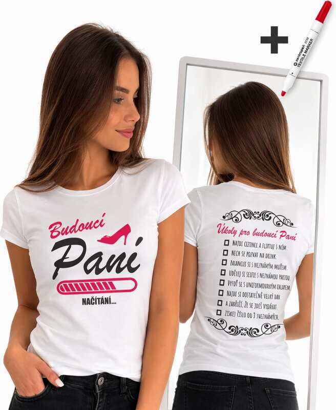 Dámské tričko - Budoucí Nevěsta + Úkoly pro nevěstu + fixka na odškrtávání úkolů
